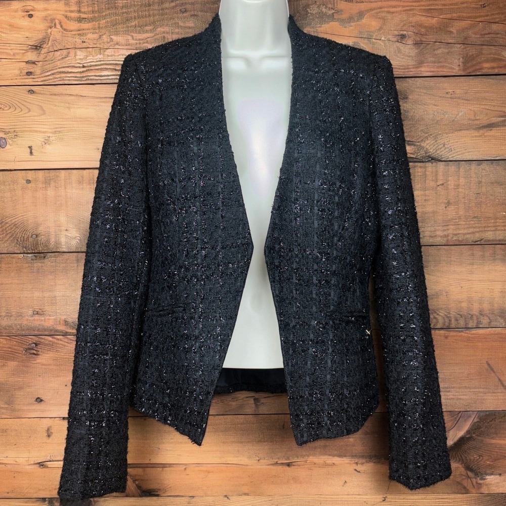 Calvin Klein Blazer Womens 4 Black Metallic Tweed Textured Open Front